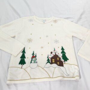CHRISTMAS Sweater Women's Medium Snowman Winter Scene Snowflakes Lot D